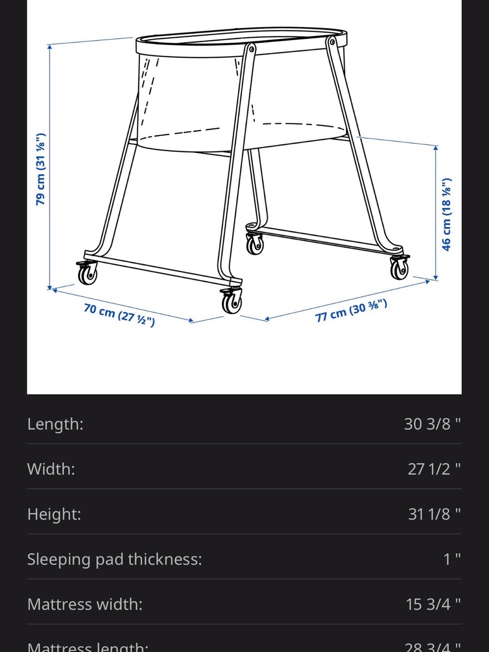 IKEA white freestanding baby bassinet frame with caster wheels